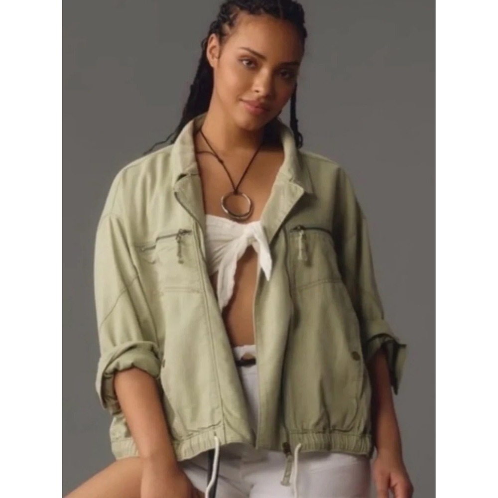 Anthropologie Pilcro Tidal Moto Utility Jacket XS Sage Green Cropped Distressed